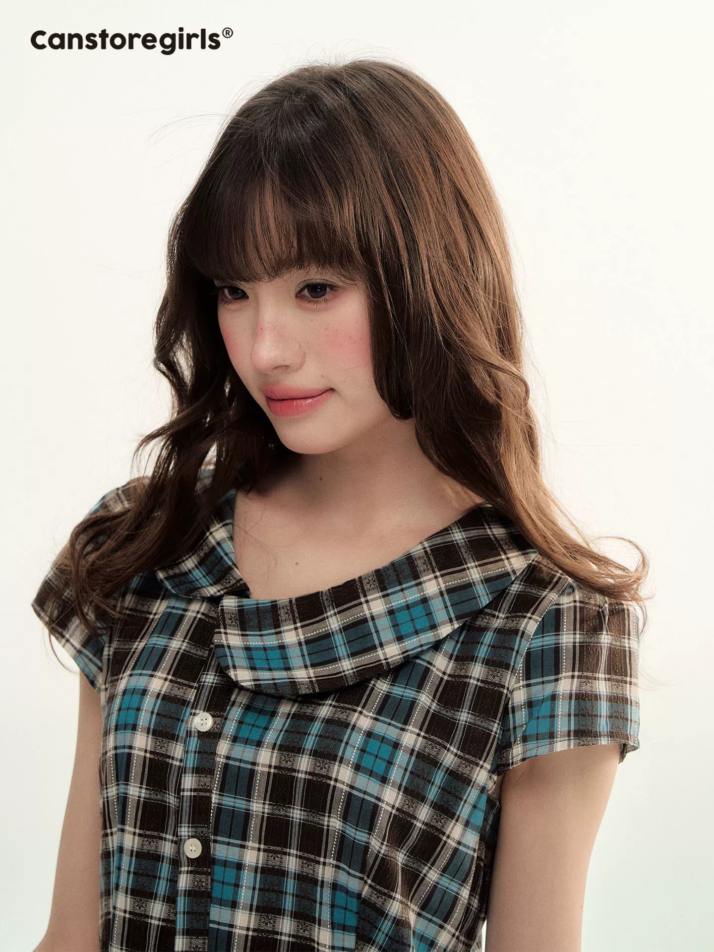 "Pine Chestnut Mint" Asymmetric Collar Plaid Dress LL2026034
