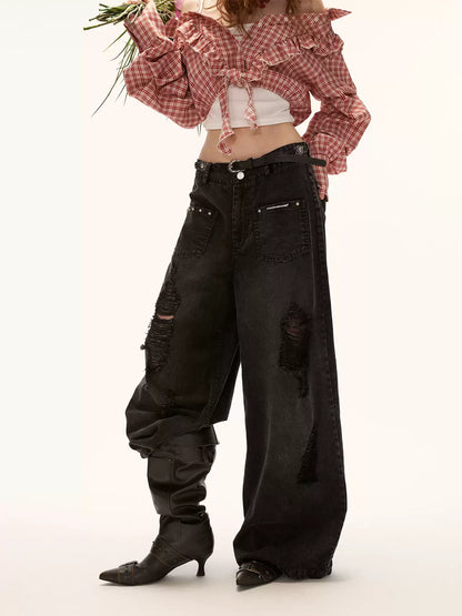 "Street Rebel Mood" Distressed Black Straight-Leg Jeans WE932