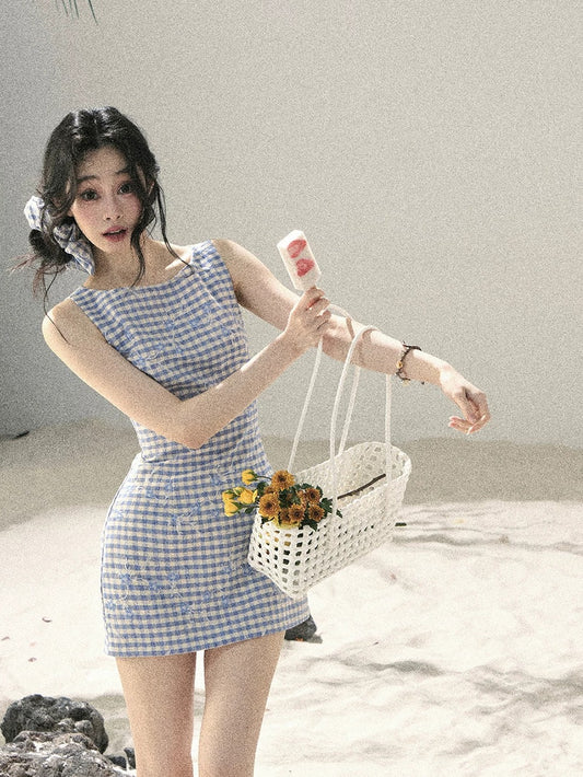 "Sea Breeze Reverie" Sky Blue Embroidered Plaid Mini Dress (With Matching Scrunchie)