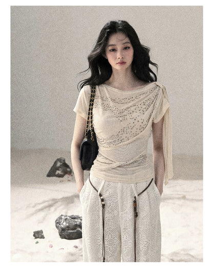 “Frosted Kiss” Dutch Cheese Crystal Mesh Short Sleeve Top