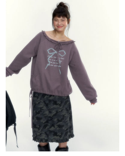 Deep Purple Bow-Tie Lettuce-Trim Off-Shoulder Sweatshirt