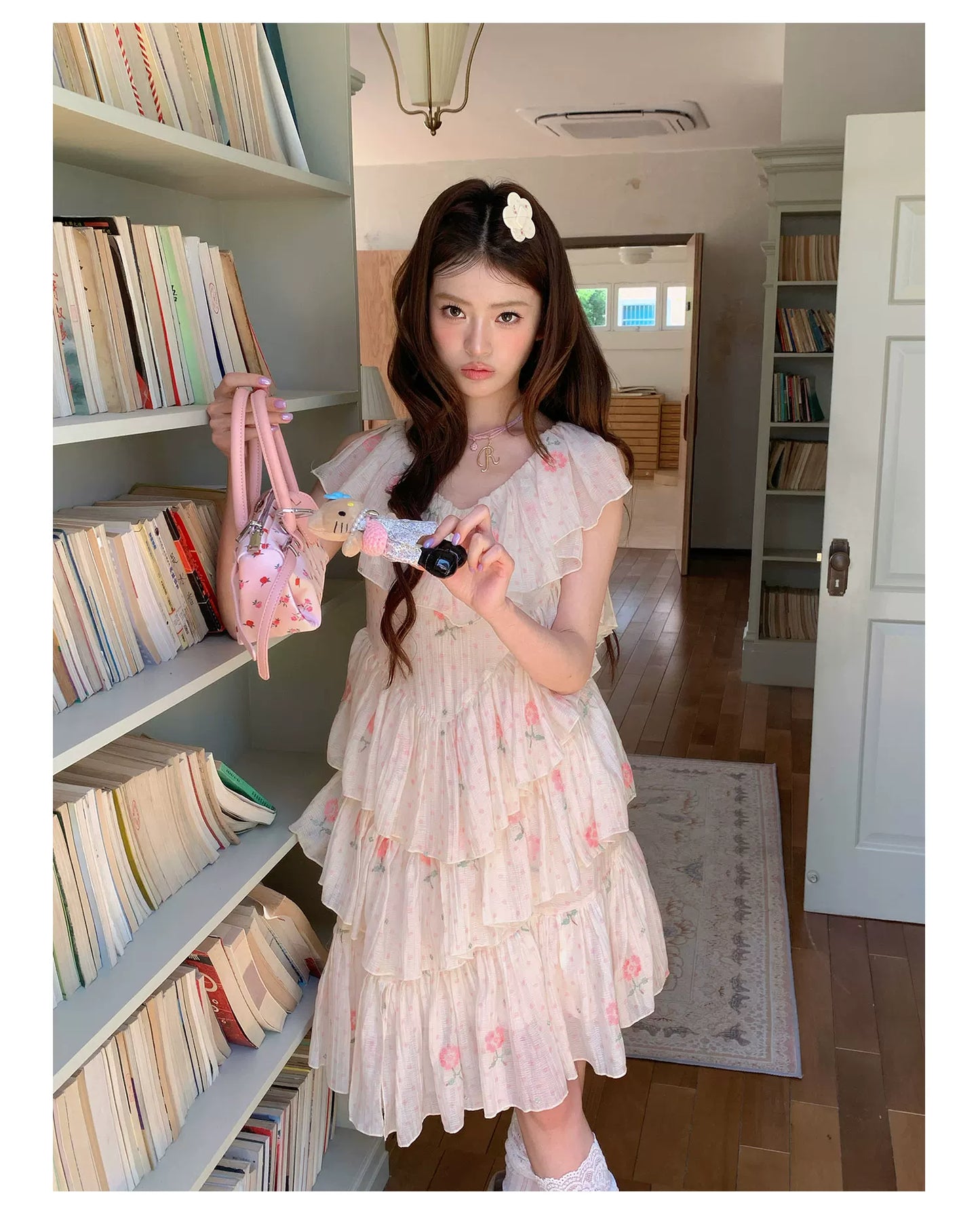 “Cloud Ruffle Reverie” Cream Apricot Floral Ruffle Dress