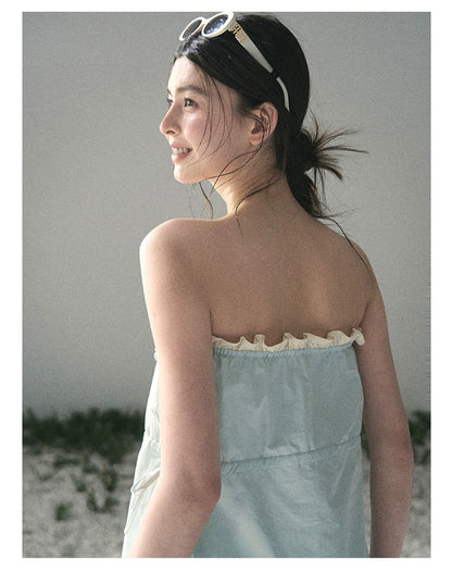 “Blue Whispers on Ivory” Mint Ruffle Bustier Top