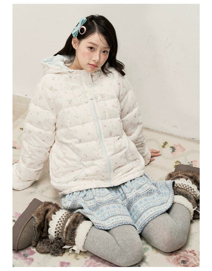 RF - Ivory Floral Print Cropped Hooded Down Jacket with Contrast Lining