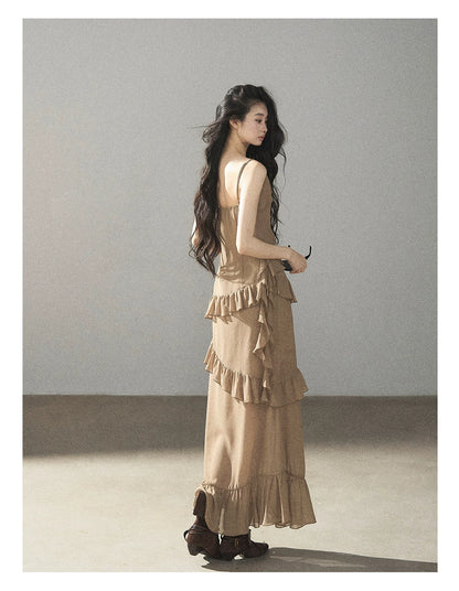 AOMALM - Cinnamon Gray-Brown Ruffle Chiffon Maxi Dress