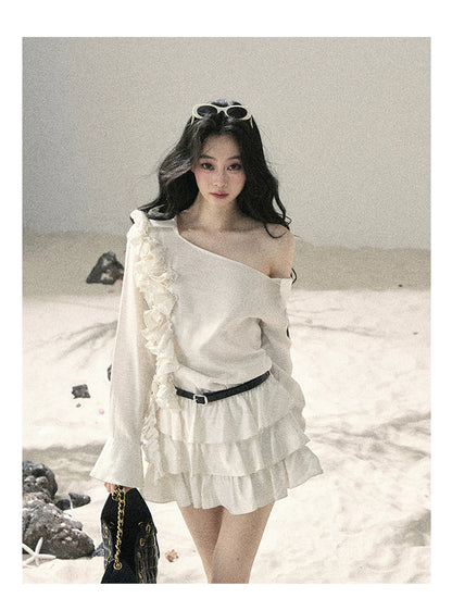 "Petals of Early Summer" Mist White Ruffle One-Shoulder Cake Dress (With Belt) 58648