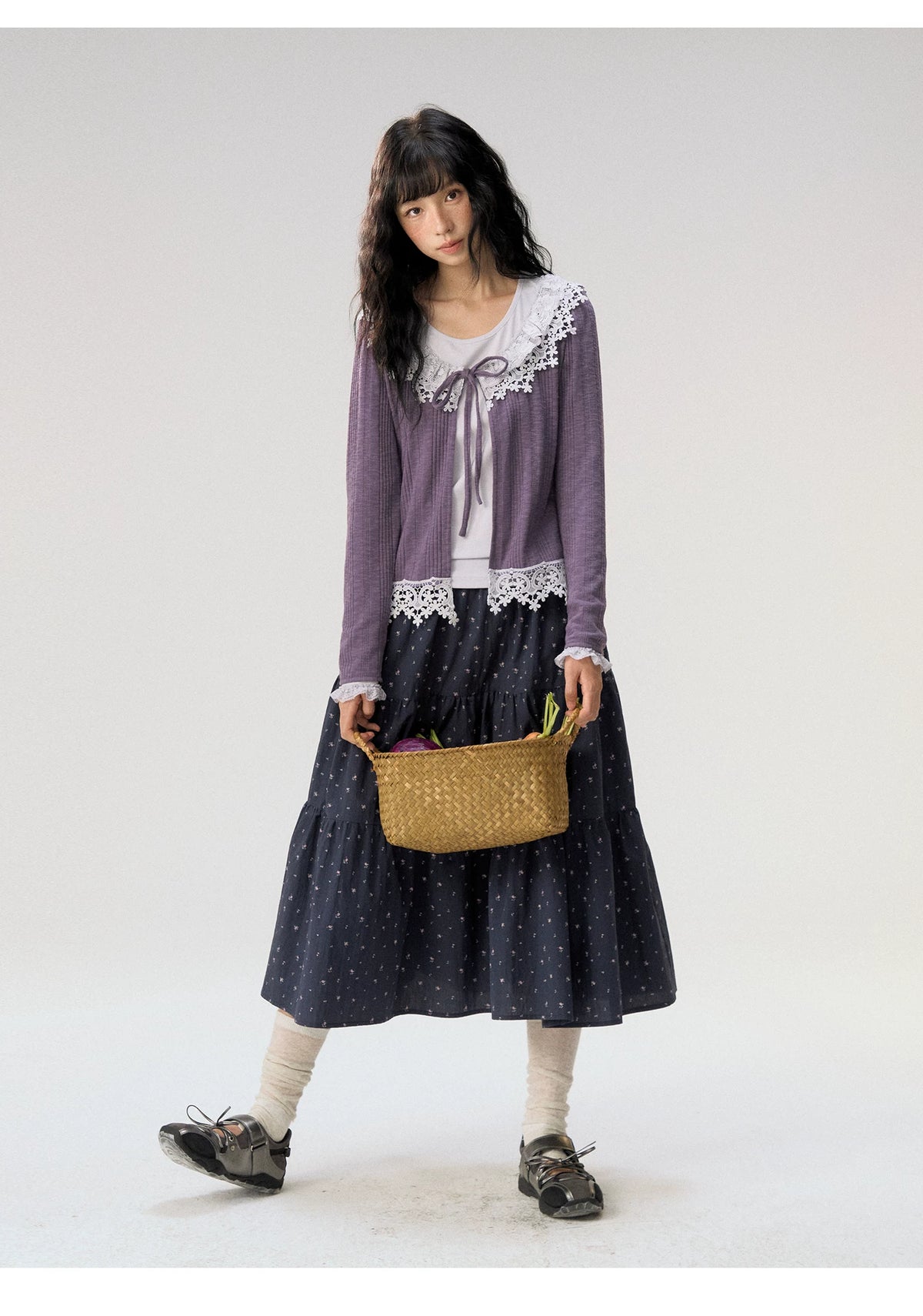 [CAN] “Rose in Bloom” Lavender Knit Cardigan & Floral Skirt 3-Piece Set
