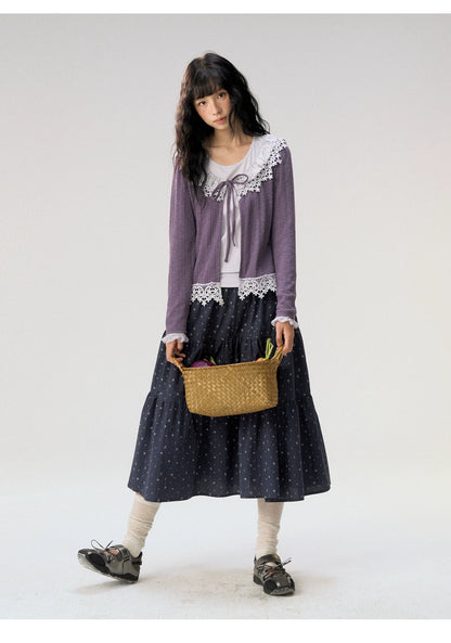 [CAN] “Rose in Bloom” Lavender Knit Cardigan & Floral Skirt 3-Piece Set