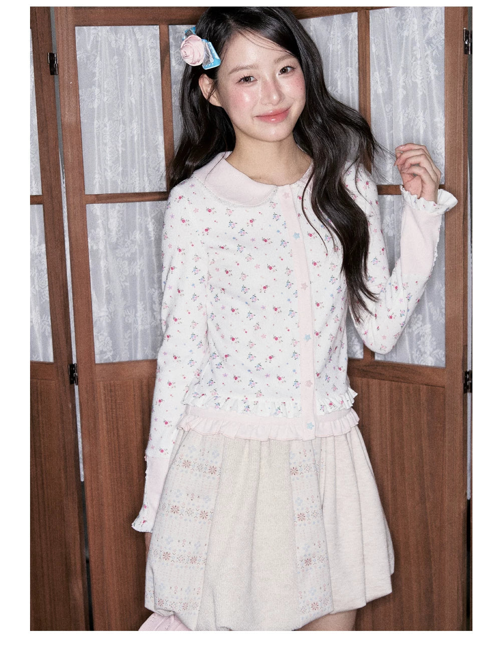 [RF] Waffle Texture Peter Pan Collar Floral Cardigan in Soft Pink