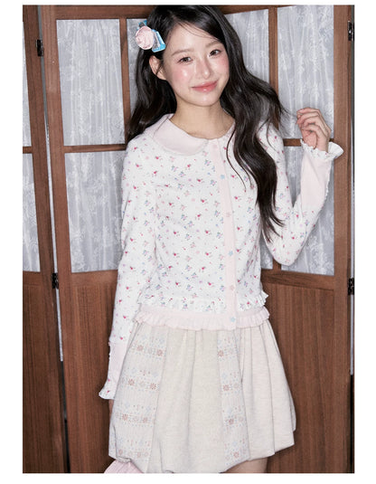 [RF] Waffle Texture Peter Pan Collar Floral Cardigan in Soft Pink