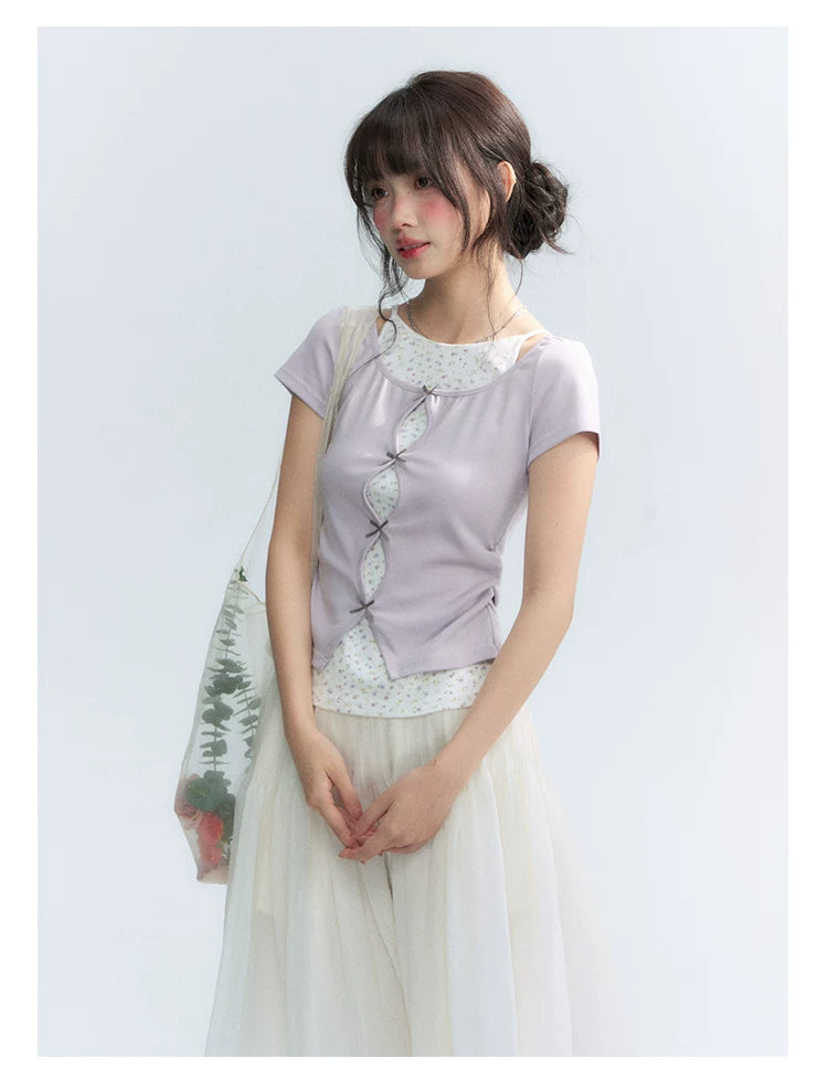 Korean Layered Bow Knit Short Sleeve T-Shirt in Violet