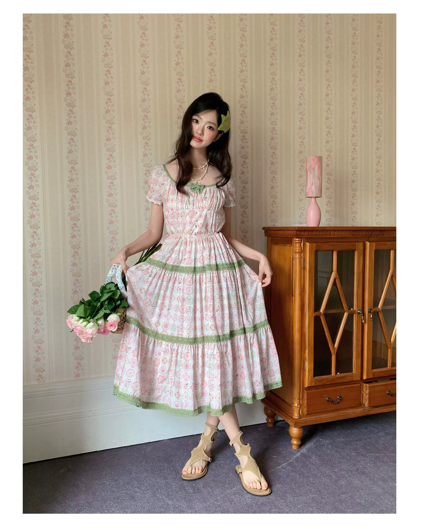 “Wildflower Green Grape” Pink Floral Tiered Dress