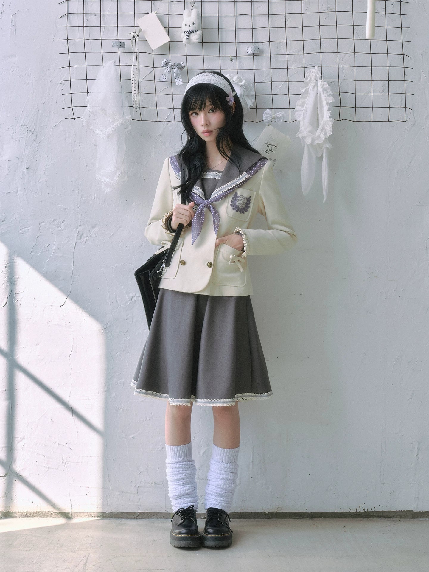 "Showa Era" Layered Uniform Collection (Collarless Blazer / Sailor Blouse / Uniform Skirt / Polka Dot Scarf)