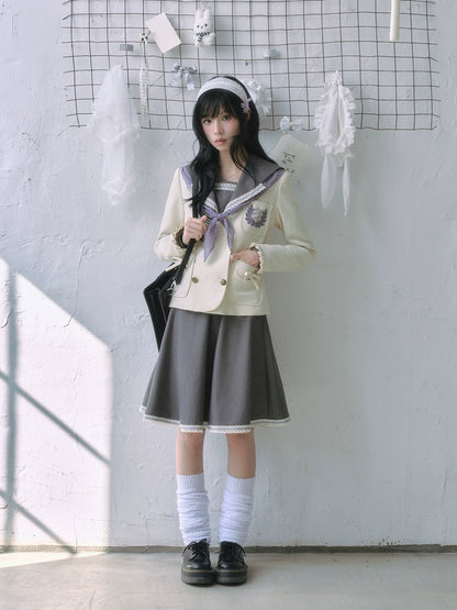 "Showa Era" Layered Uniform Collection (Collarless Blazer / Sailor Blouse / Uniform Skirt / Polka Dot Scarf)