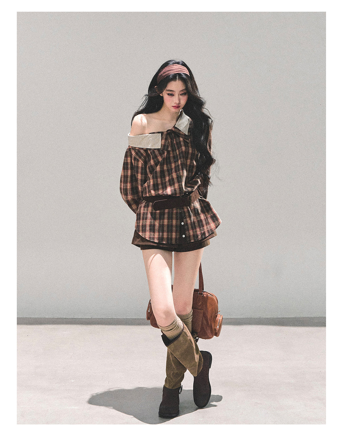 少也眼 “The Street She Passed” Off-Shoulder Plaid Shirt with Belt - Mocha Brown 45368364