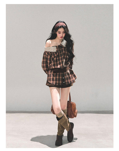 少也眼 “The Street She Passed” Off-Shoulder Plaid Shirt with Belt - Mocha Brown 45368364