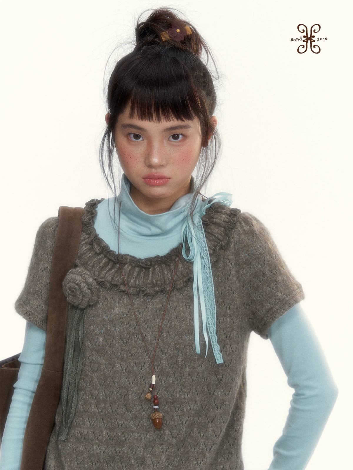 “Hazelnut Mousse” Tea Brown Vintage 3D Floral Ruffle Knit Top