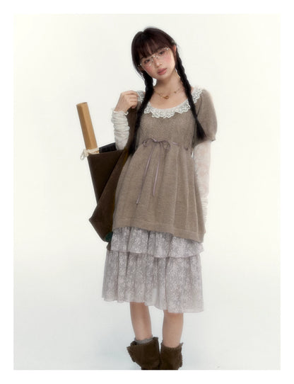Misty Gray Pink Vintage Lace Tiered A-Line Skirt