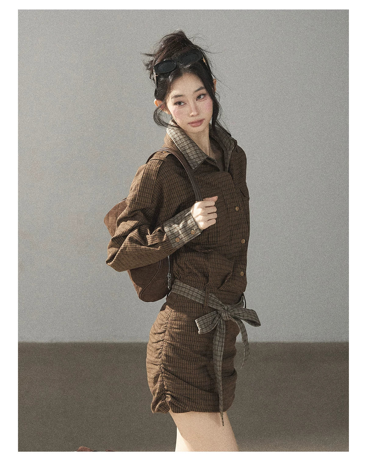AOMALM - "A Promise Beneath the Oak" Crabapple Brown Plaid Shirt Dress with Belt