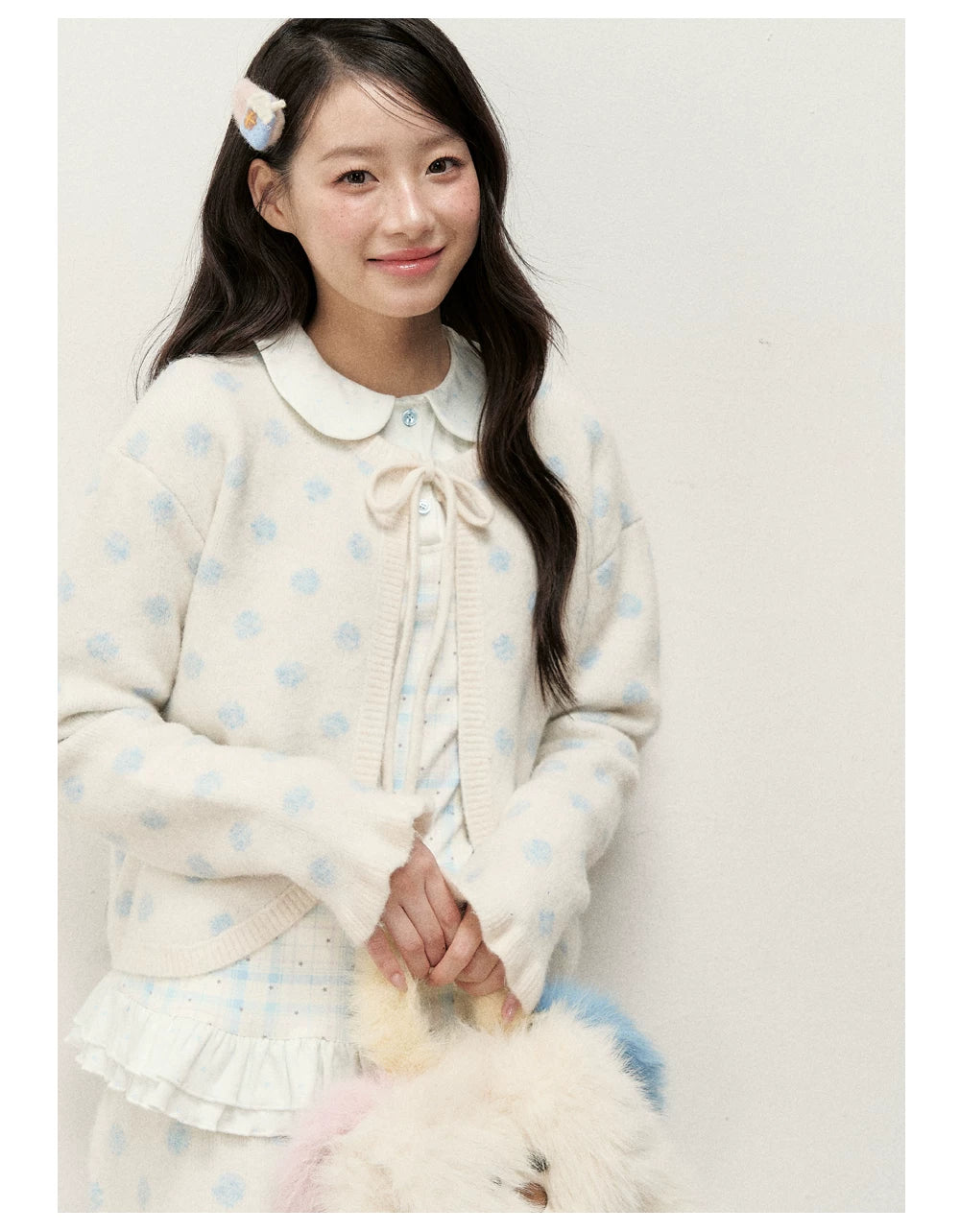 [RF] Ice Blue Polka Dot Knit Cardigan & Midi Skirt Set