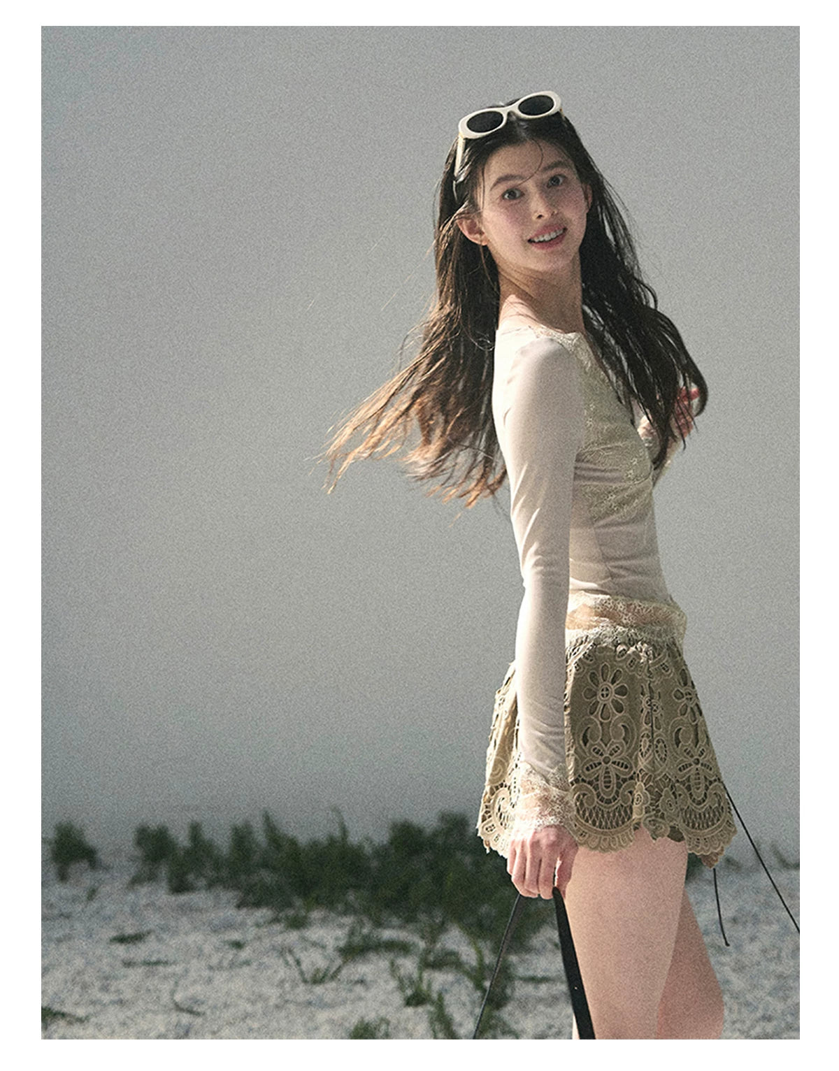 “Traces Left by the Wind” Ash Ivory Lace V-Neck Top