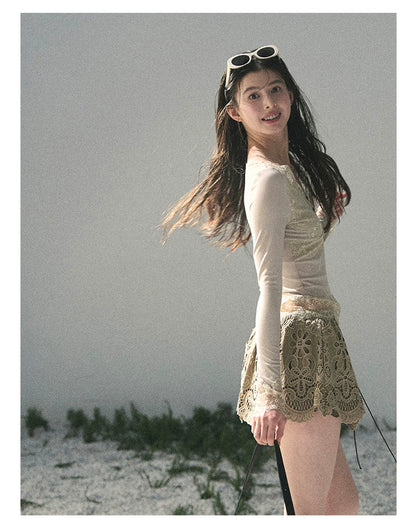 “Traces Left by the Wind” Ash Ivory Lace V-Neck Top