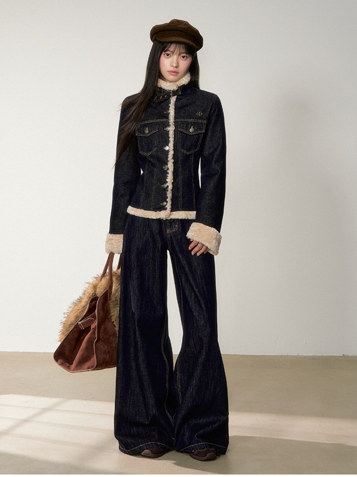 Soote Season - "Raw Denim Muse" Cinched Waist Fur-Trim Denim Down Jacket