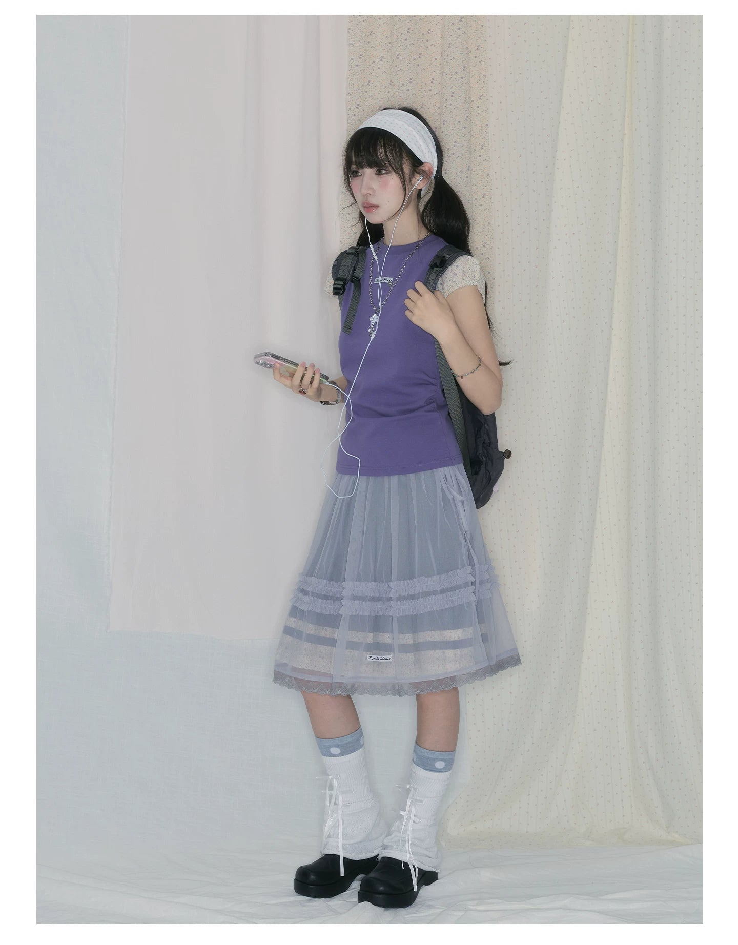 "Lavender Layers" Korean Layered Collection (Puff Sleeve Top / Pleated Midi Skirt / Mesh Overlay Skirt)