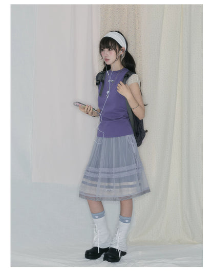 "Lavender Layers" Korean Layered Collection (Puff Sleeve Top / Pleated Midi Skirt / Mesh Overlay Skirt)