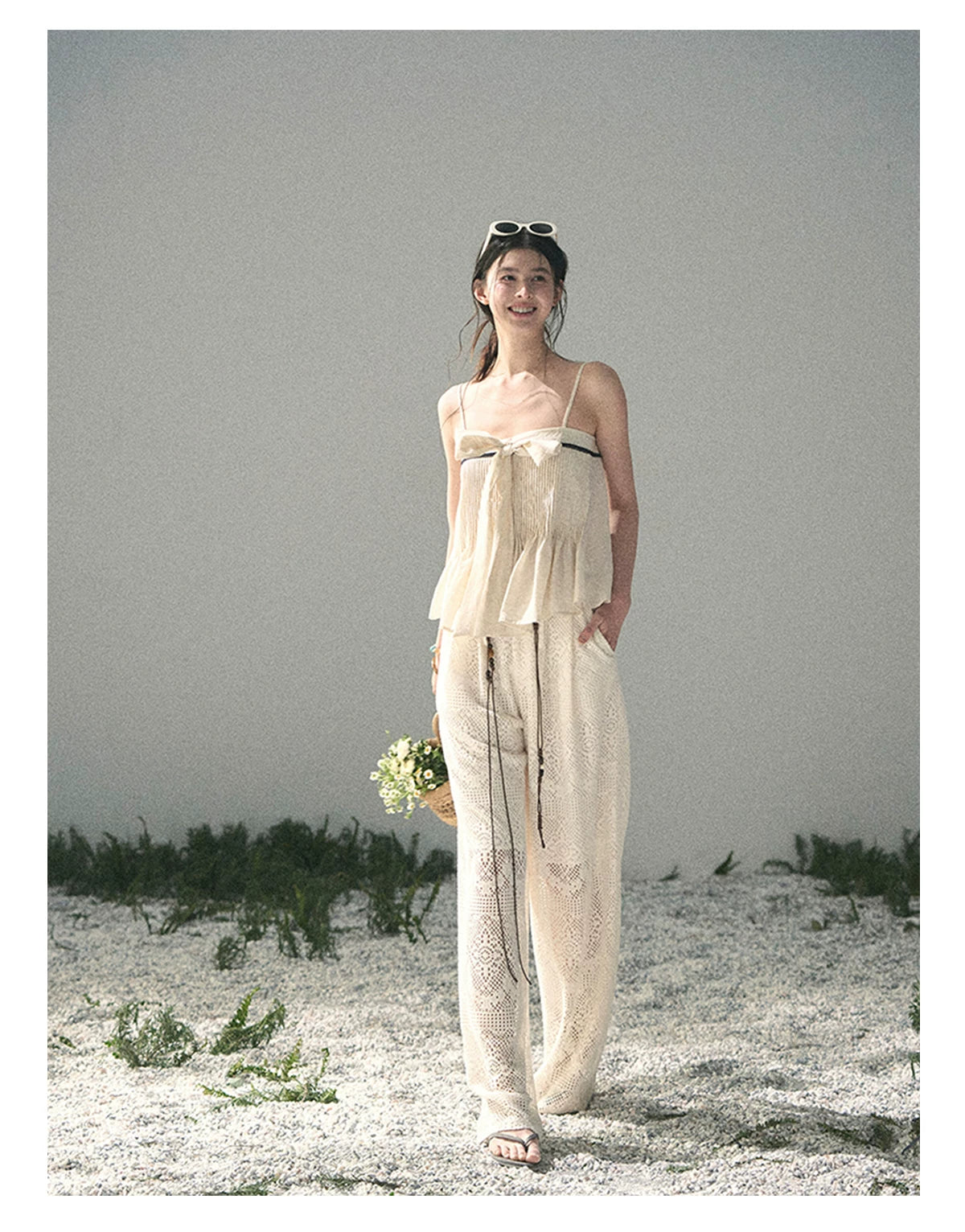 “Breeze Over Pleats” Cream Ribbon Camisole Top