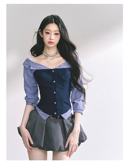 少也眼 "London Crush" Off-Shoulder Dual-Layer Long-Sleeve Spicy Girl Tee - Navy Blue