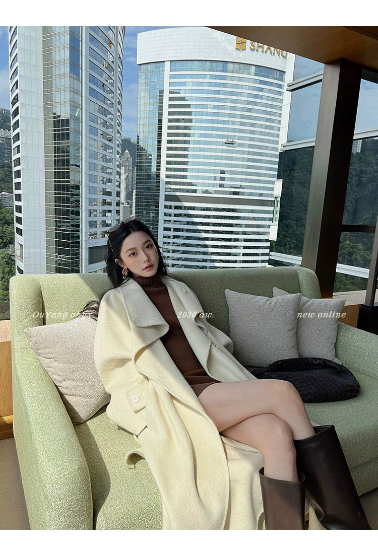 QuQuOuYang - 100% Wool Double-Face Belted Coat with Convertible Collar