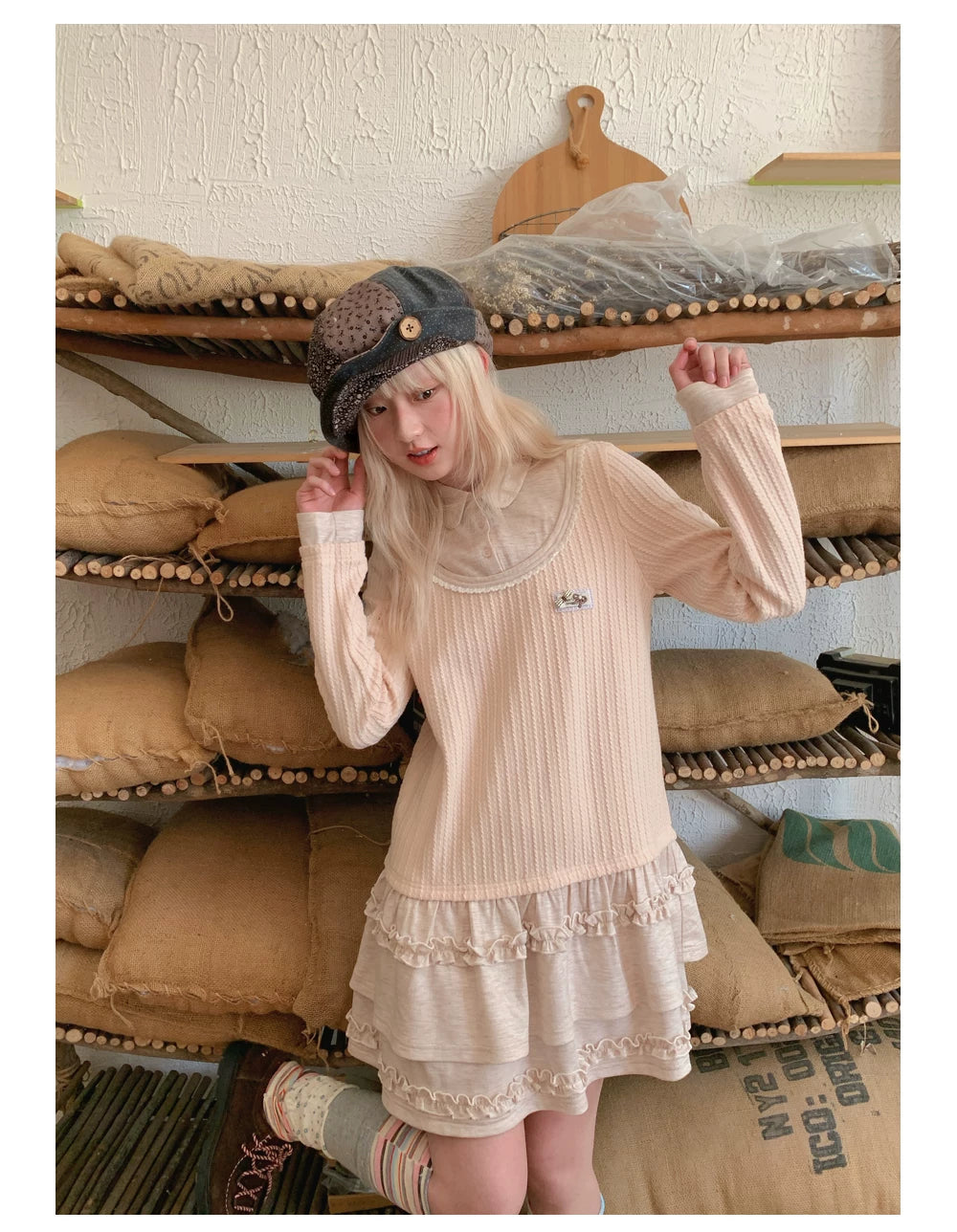 RF - Light Pink Faux Two-Piece Knit Dress with Lace Collar and Ruffle Hem