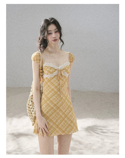 "Golden Wheat Whisper" Goose Yellow Lace Diamond Mini Dress