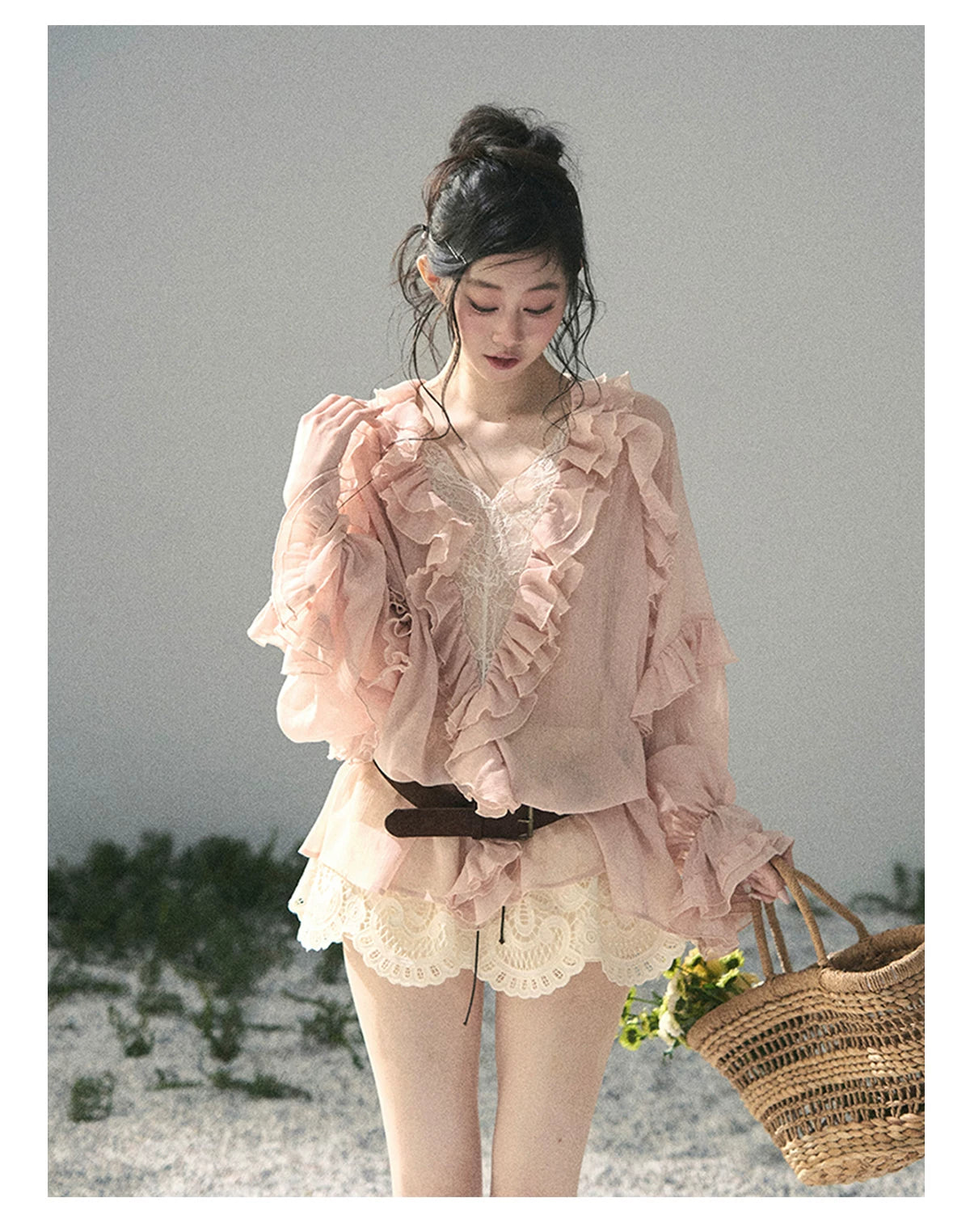 “Whispers of the Wind” Blush Pink Lace Chiffon Blouse (With Belt)