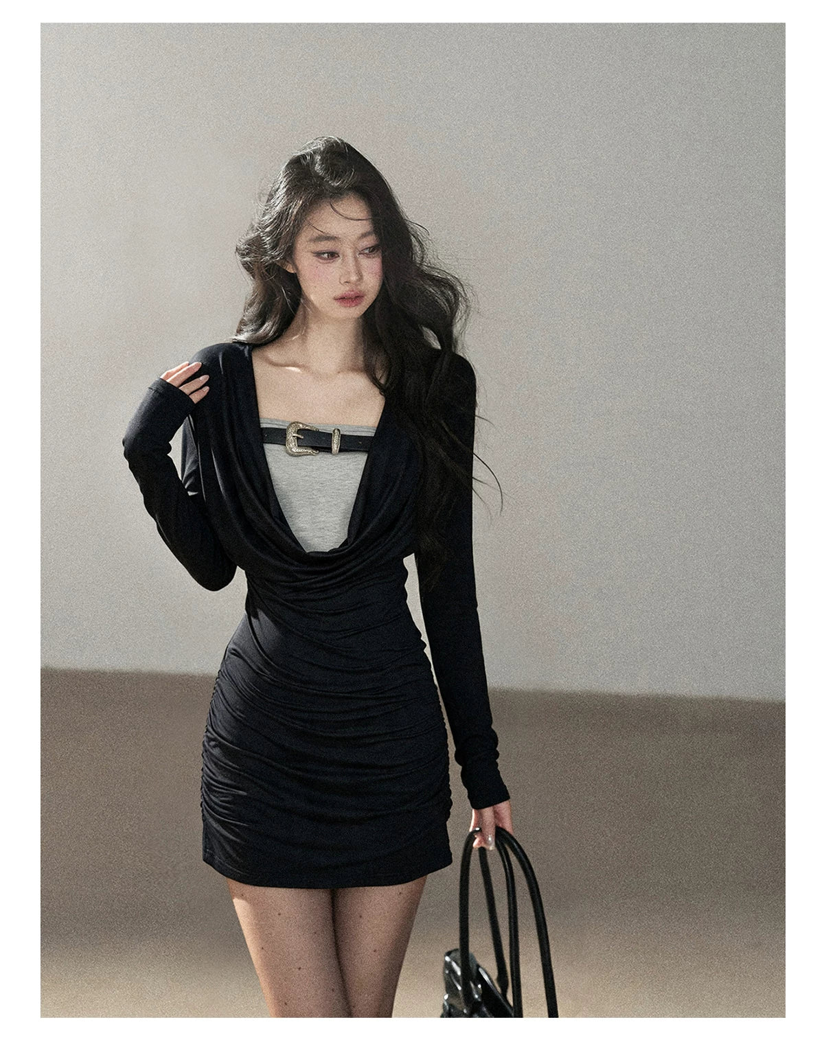 AOMALM - "Misty Shore" Quiet Black Layered Knit Mini Dress