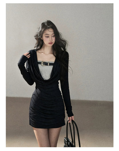 AOMALM - "Misty Shore" Quiet Black Layered Knit Mini Dress