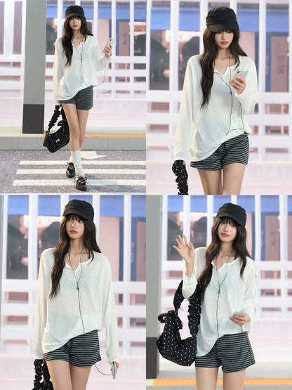 "Easy Transit" White Henley Sun Cover Long Sleeve Top