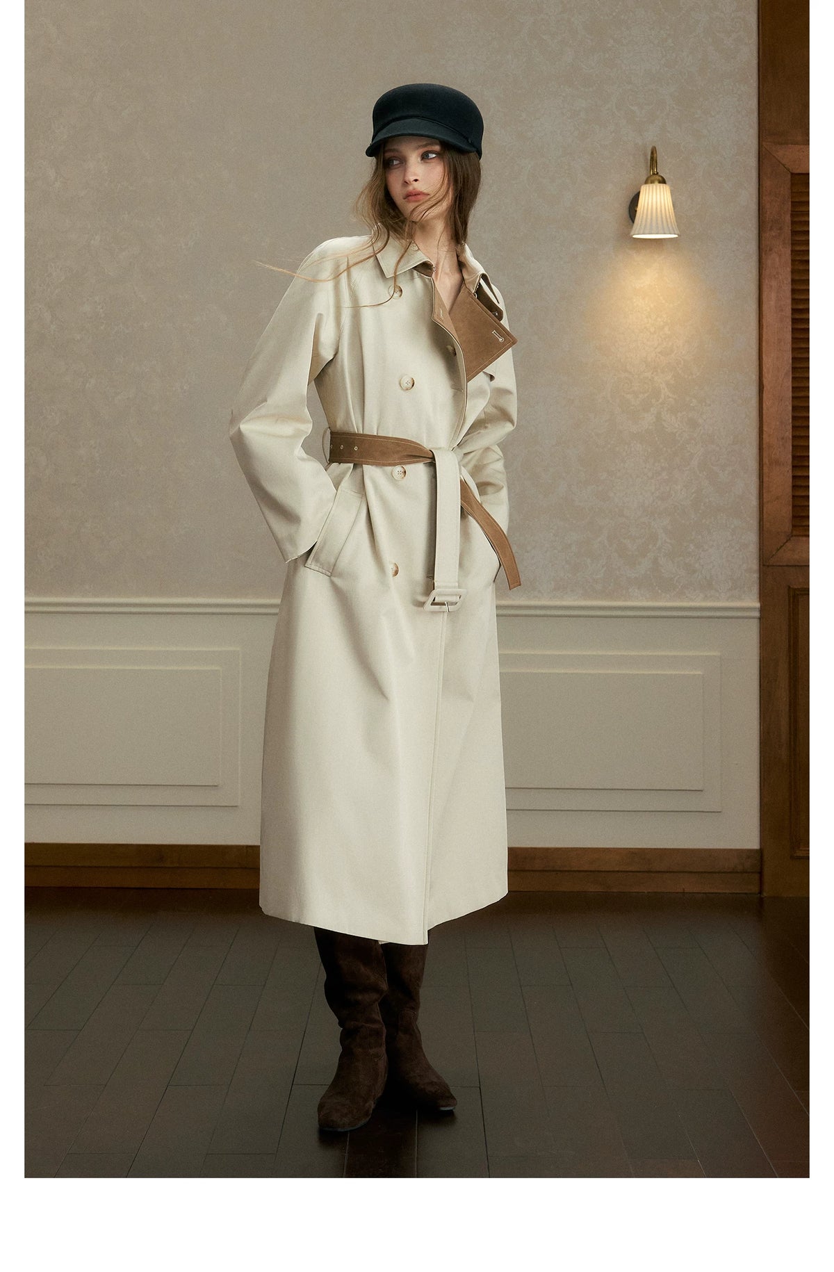 oshea - Moonlight Gray Double-Breasted Belted Long Trench Coat