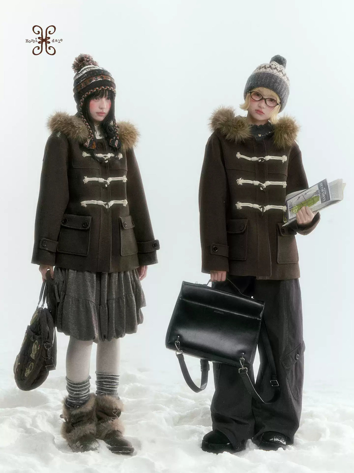 Horridale - Dark Coffee Brown Cropped Hooded Toggle Coat with Detachable Faux Fur Collar