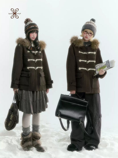 Horridale - Dark Coffee Brown Cropped Hooded Toggle Coat with Detachable Faux Fur Collar