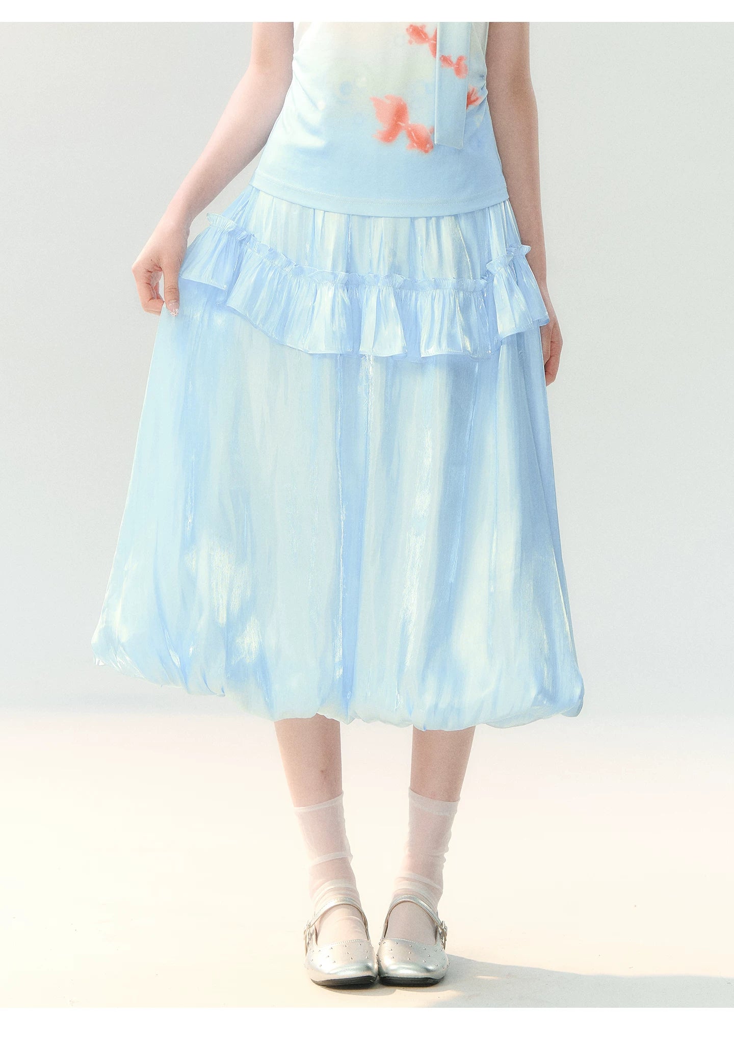 "Koi Garden Letter" White & Blue Goldfish Print Two-Piece Skirt Set LL2026220
