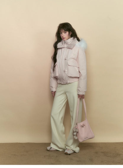 SunsetPark - Blush Pink & Plaid 90% White Duck Down Puffer Jacket (Short / Long / Navy / Glacier Blue)