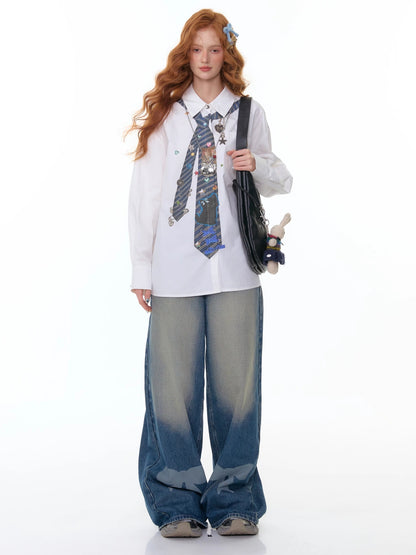 ZiziFei - White Oversized Shirt with Printed Tie Detail