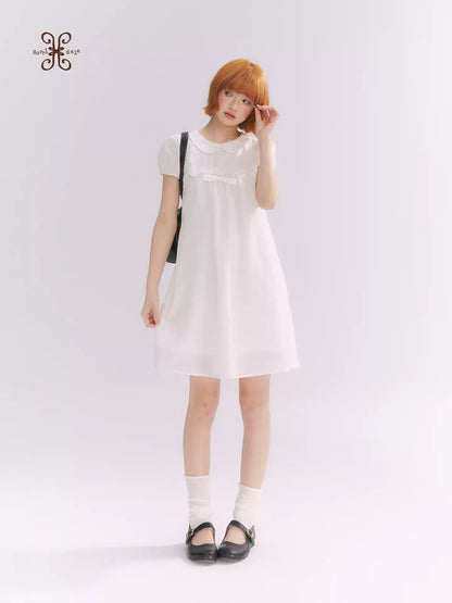 “Lace Sleep Song” White Embroidered Puff Sleeve Babydoll Dress