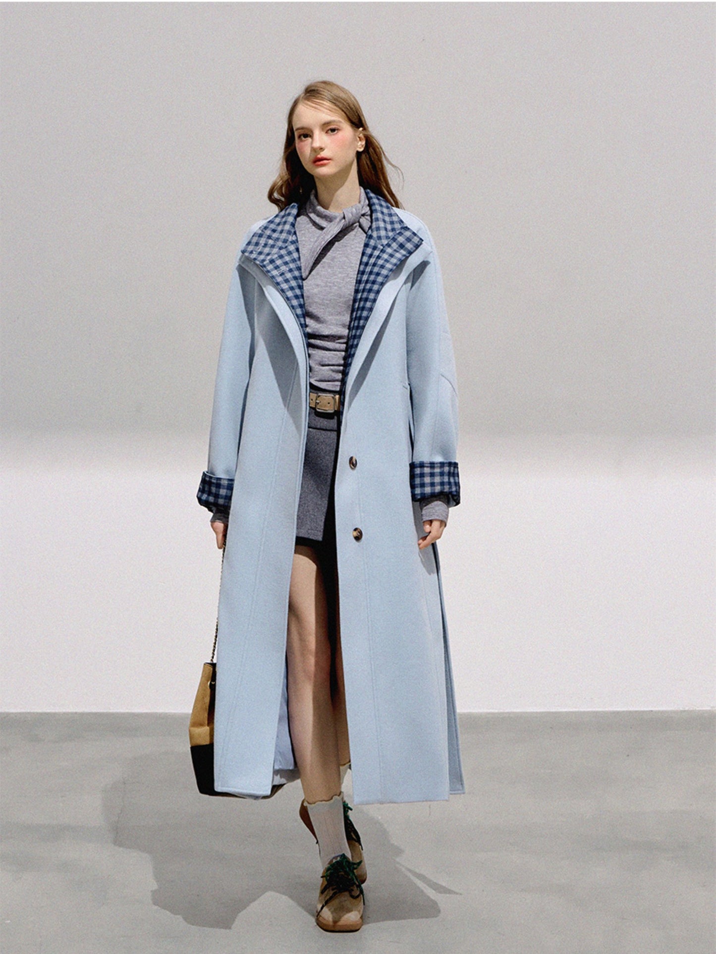 BOHOL BLING - Preppy Light Blue Plaid Wool Blend Long Coat