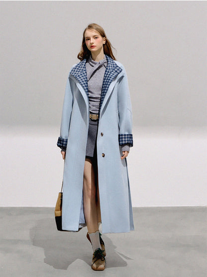BOHOL BLING - Preppy Light Blue Plaid Wool Blend Long Coat