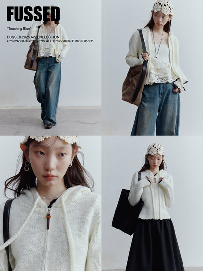 FUSSED Almond Cream Cropped Hooded Knit Jacket with Contrast Shell Embroidery FOF-25SS174