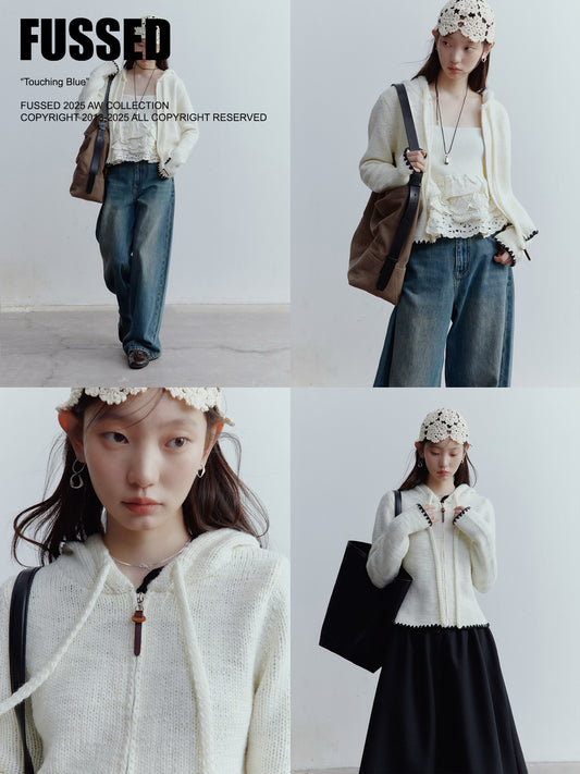 FUSSED Almond Cream Cropped Hooded Knit Jacket with Contrast Shell Embroidery FOF-25SS174