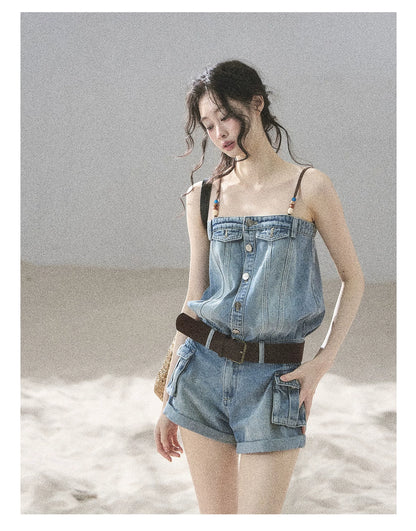 "A Walk by the Sea" Collegiate Blue Denim Utility Romper (With Belt)
